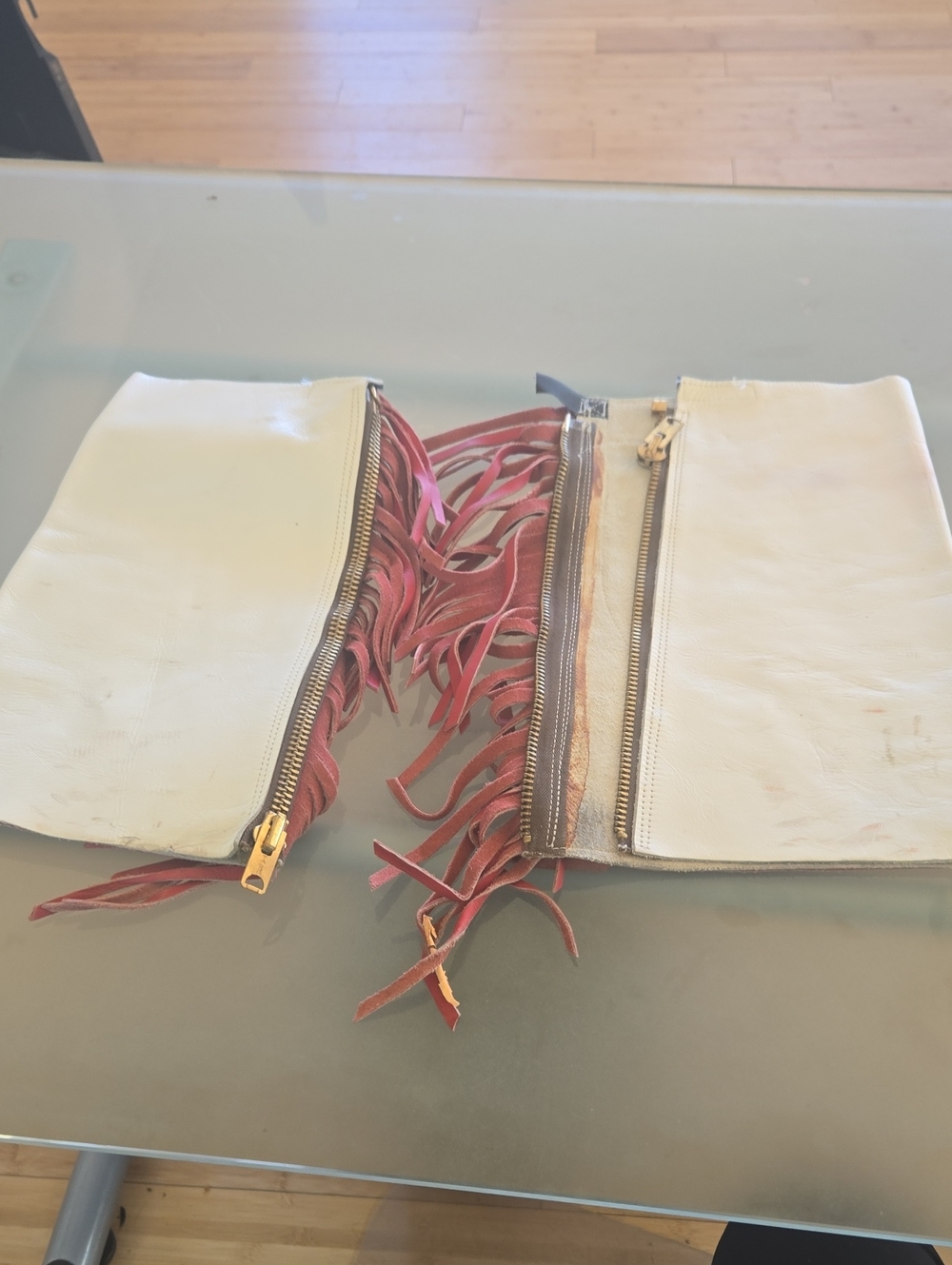 White Leather Fringe Zip Clutch with Red Fringe Accents